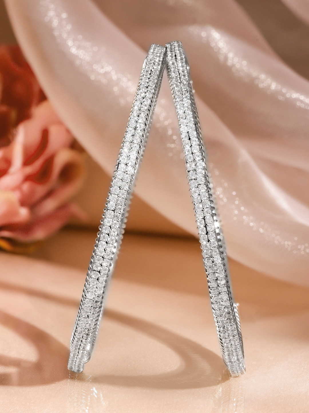 Rubans Set of 2, Rhodium-Plated Sparkling Cubic Zirconia Studded Premium Bangles