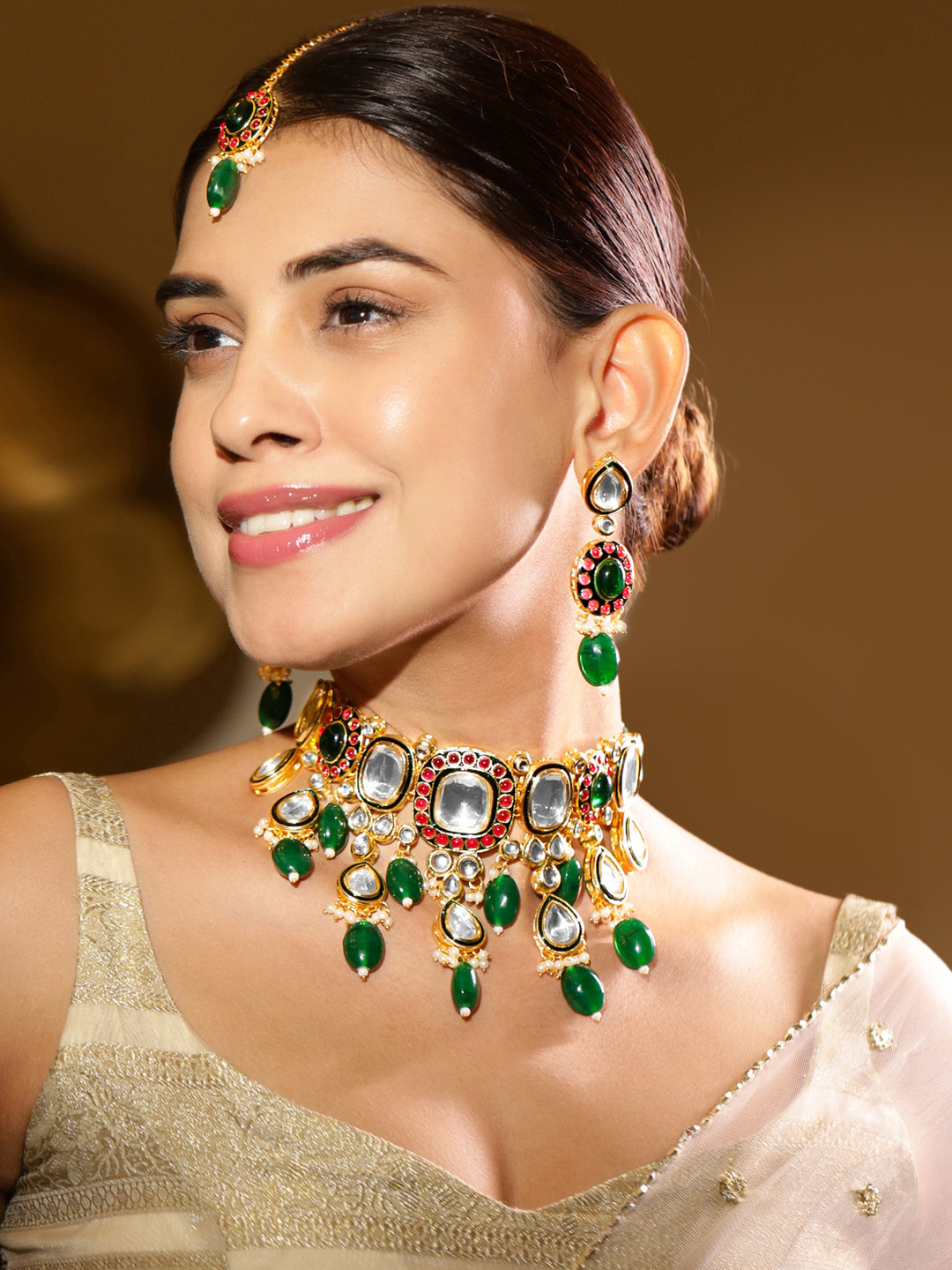 Rubans 24K Gold-Plated Kundan & Green Beaded Choker Necklace Set with Red Stone Accents