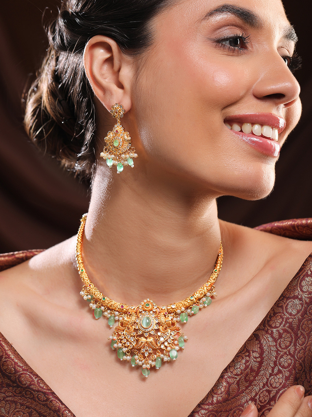 Rubans 24K Gold Plated Mint Green Beads & Cubic Zirconia Studded Traditional Necklace Set