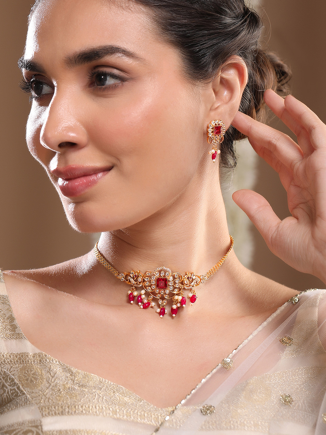 Rubans 22K Gold Plated Ruby Red & Cubic Zirconia Studded Choker Set with Red Pearl Beads