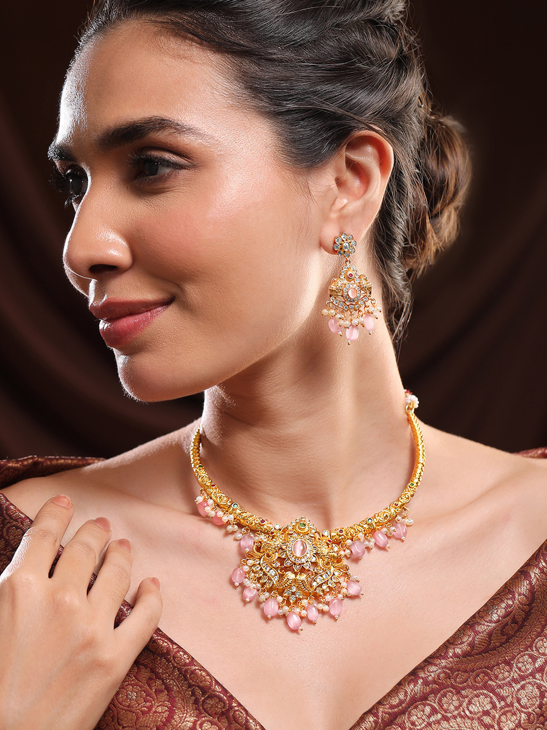 Rubans 24K Gold Plated Pastel Pink Beads & Cubic Zirconia Studded Traditional Necklace Set