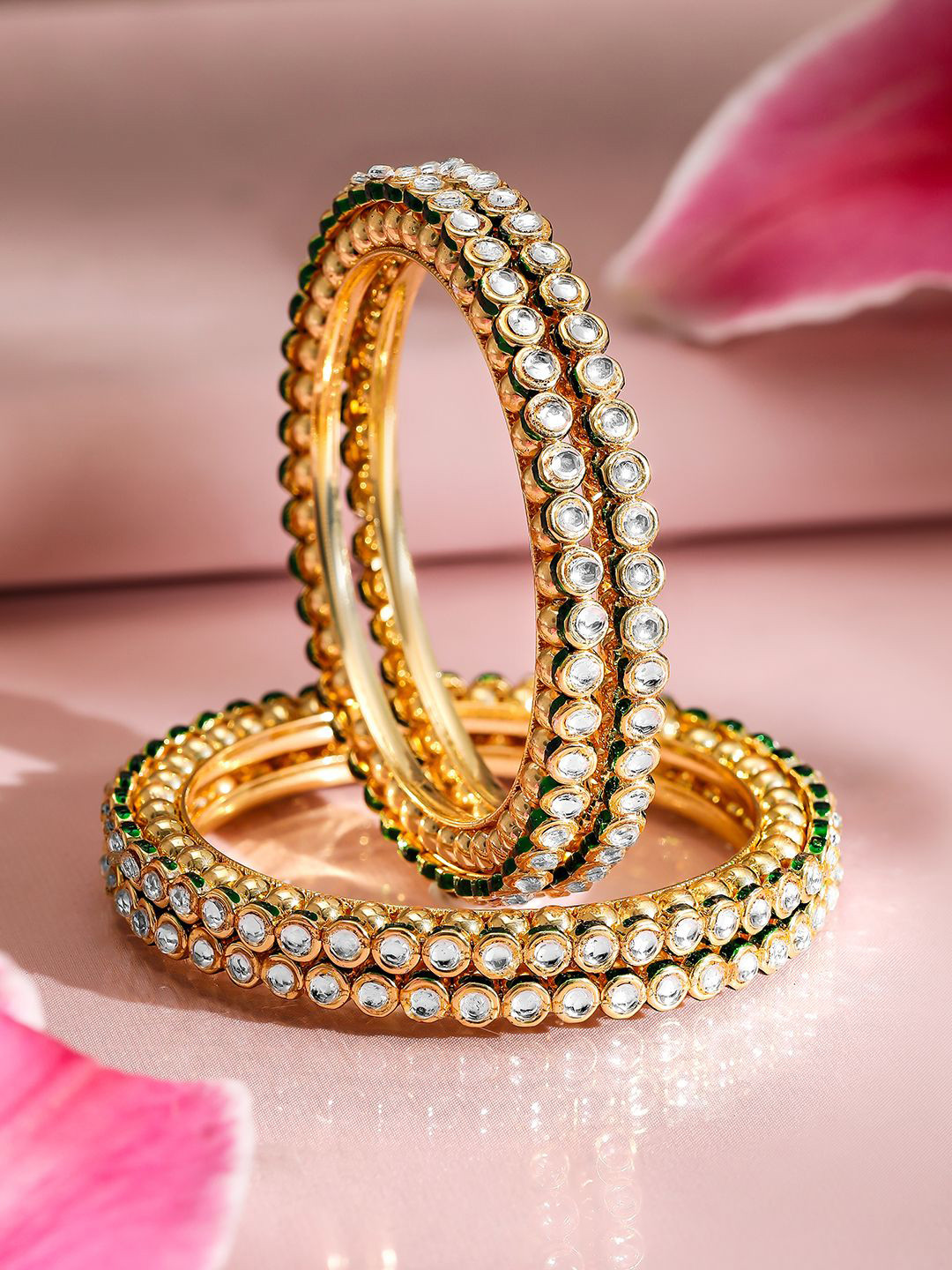 Rubans Set of 4, 22K Gold-Plated Kundan Studded Handcrafted Bangles with Green Borders