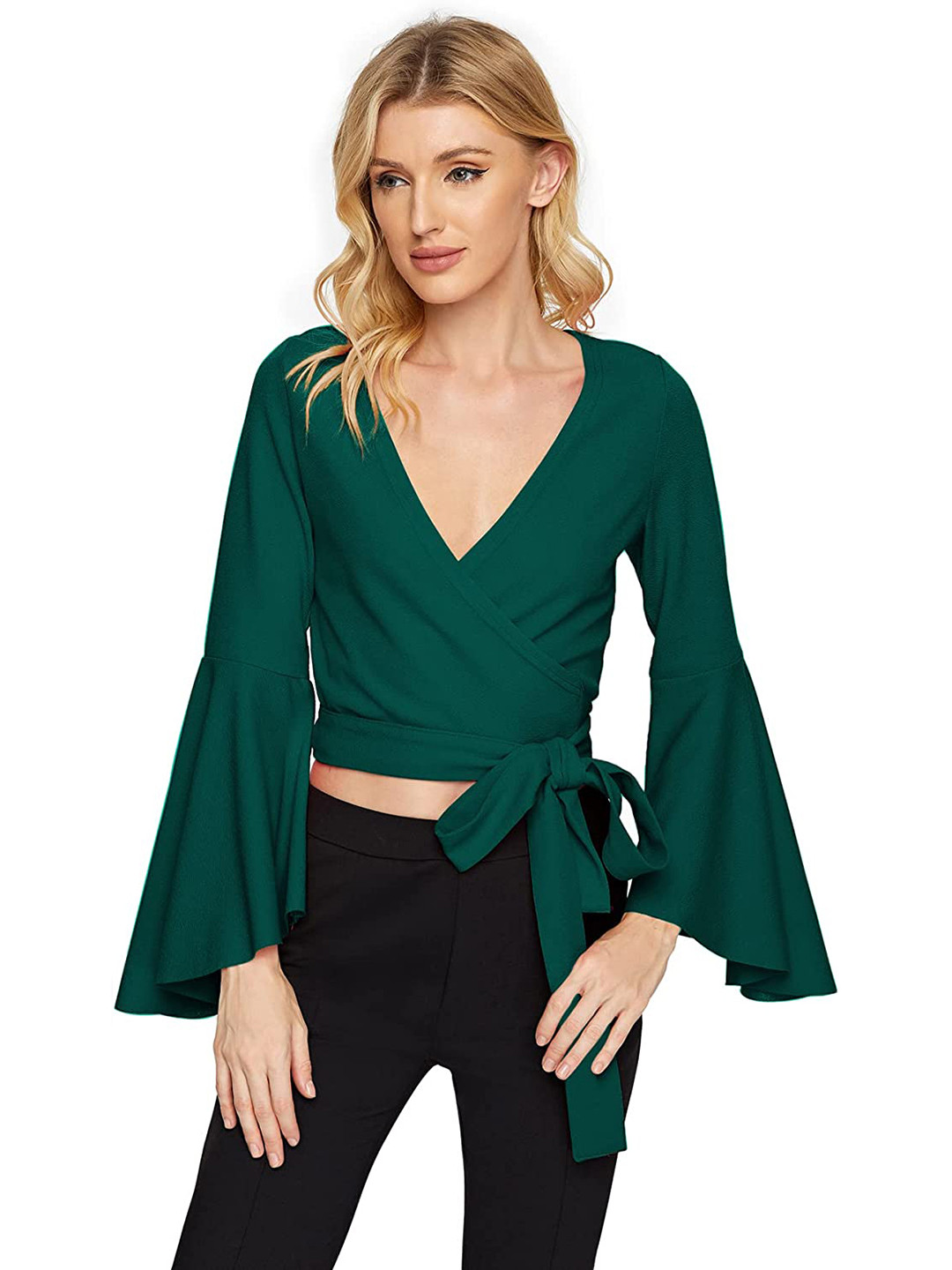 Samsara Couture Tie and Dye Bell Sleeve Wrap Top