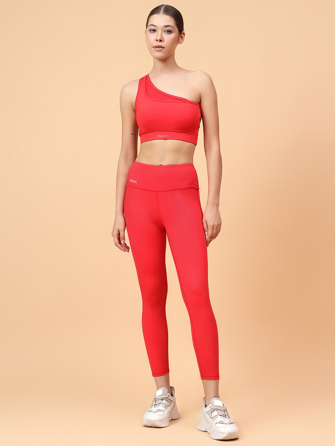 Fitkin Women Red Side Mesh Design Tights