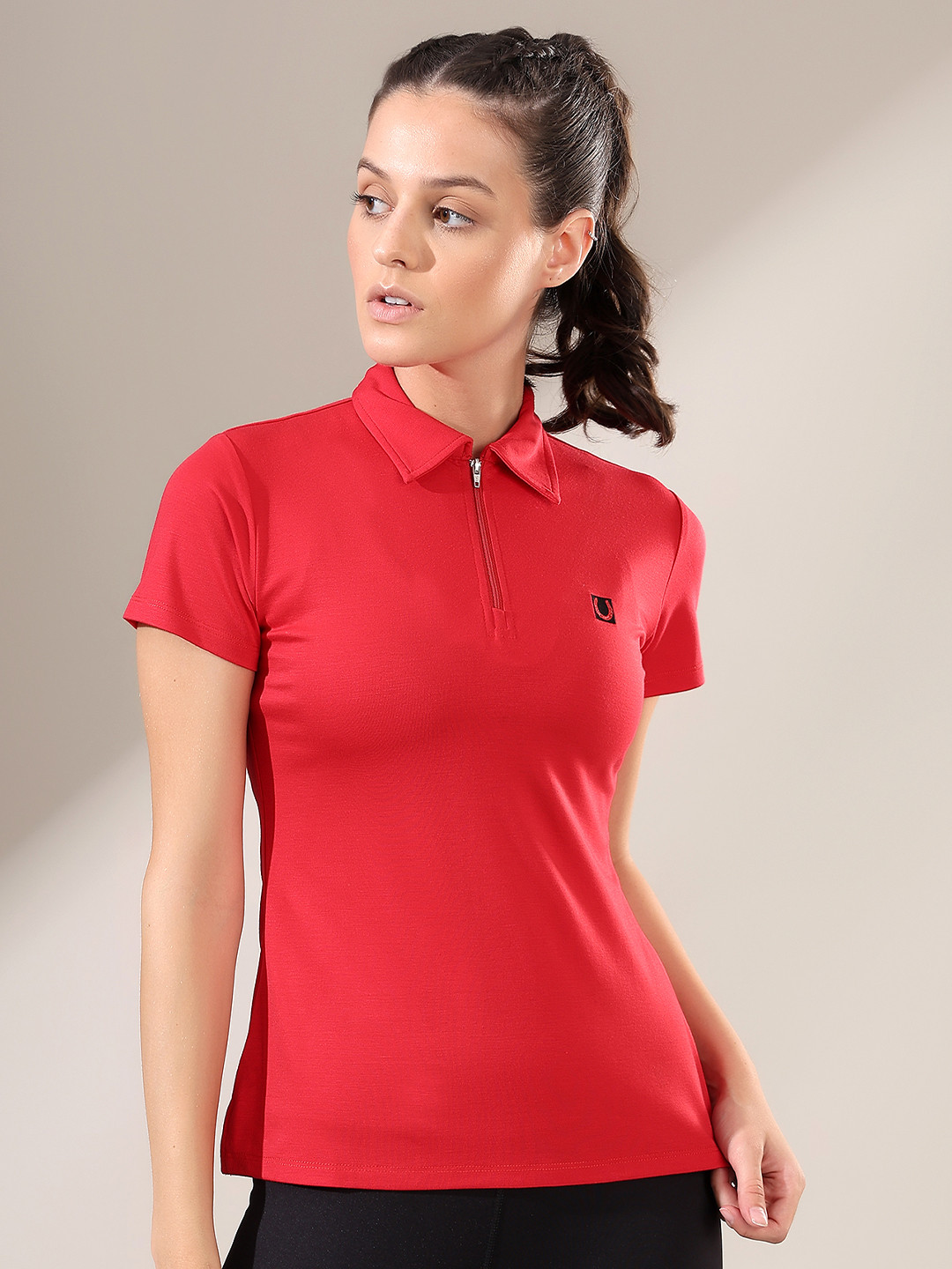 Fitkin Women Red Front Zipper Polo T-shirt
