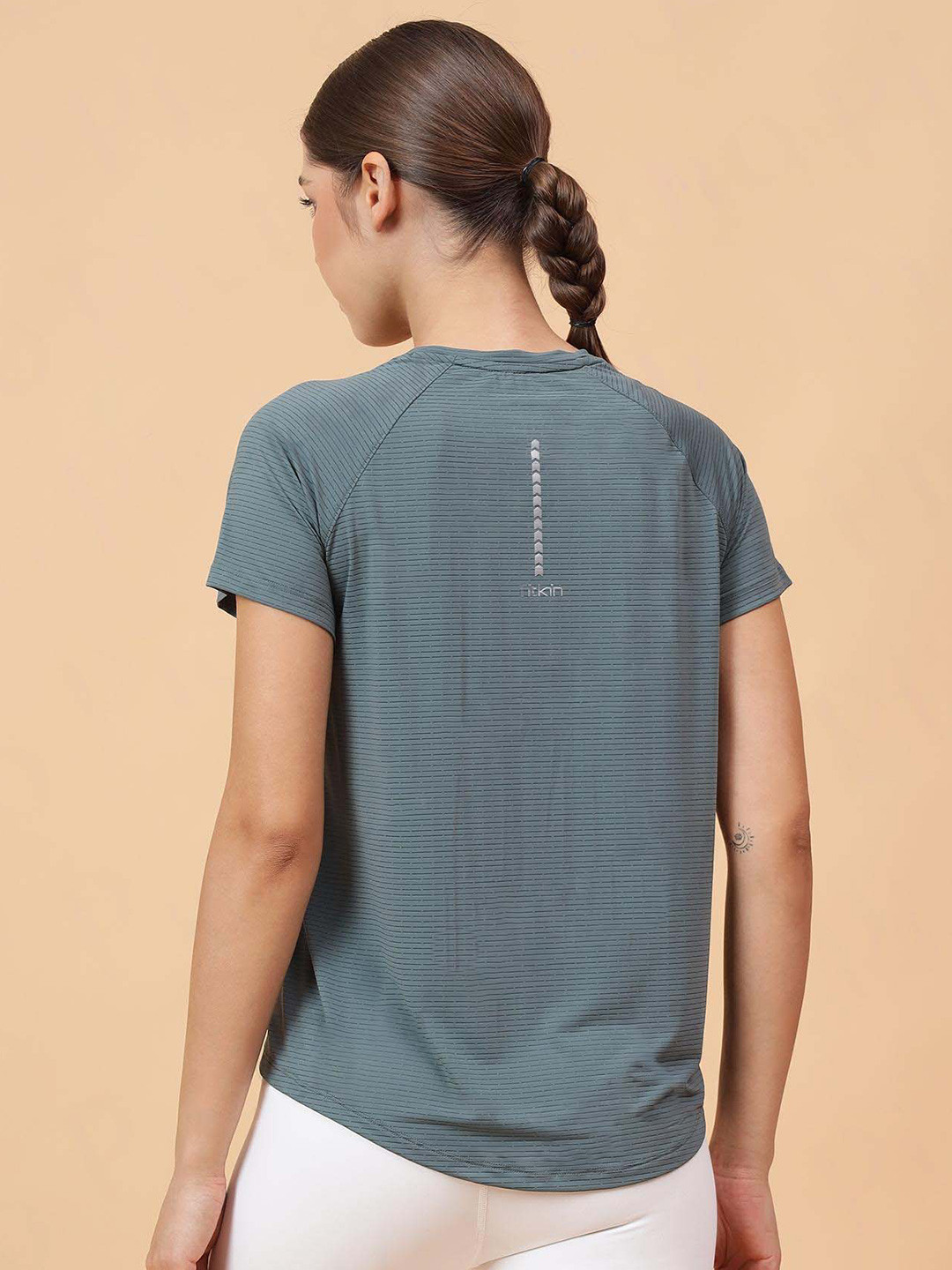 Fitkin Women Green Self Stripe Round Neck T-Shirt