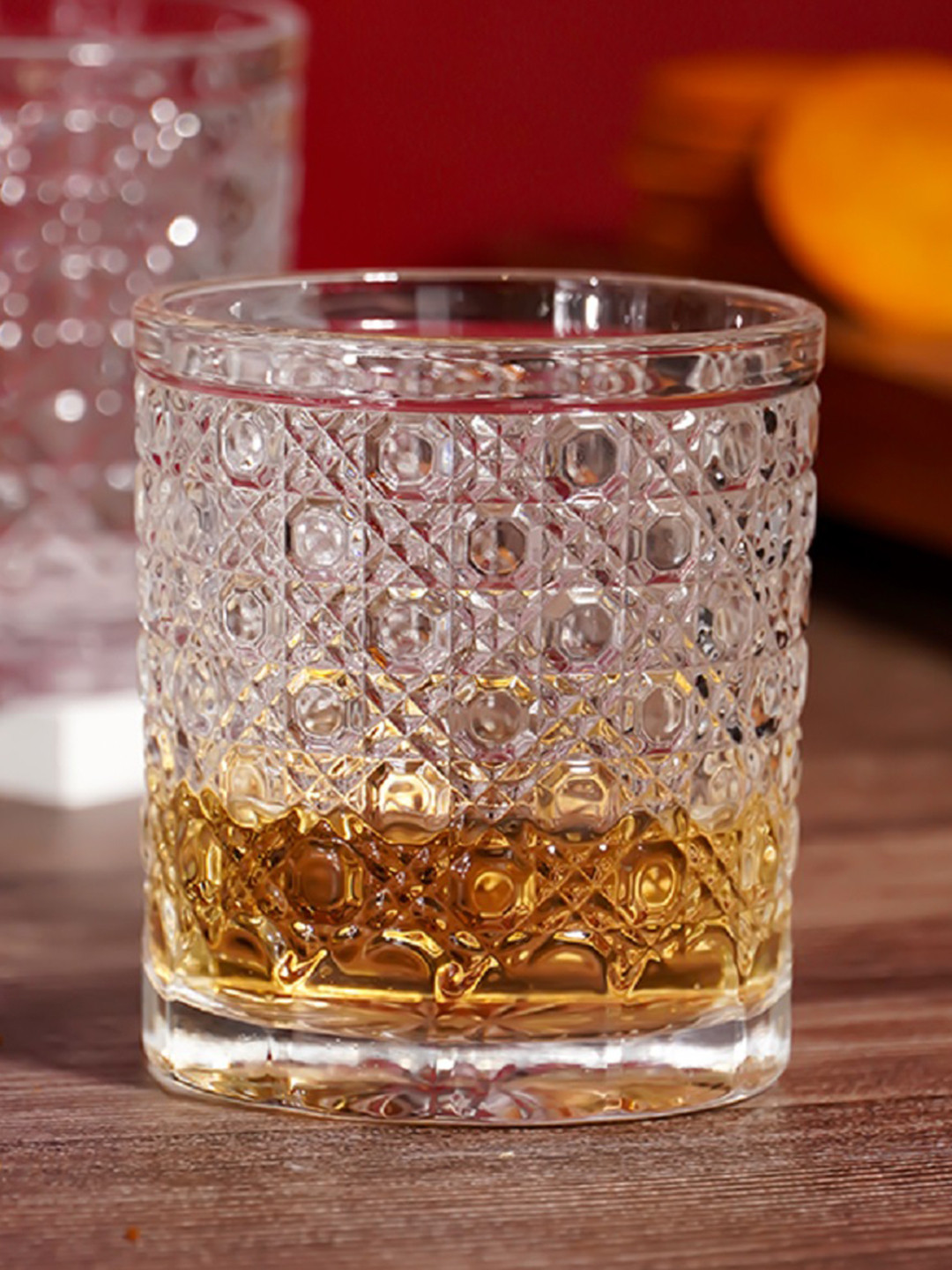 MELBIFY Transparent 6 Pieces Embossed Rotating Whiskey Glasses 300 ml