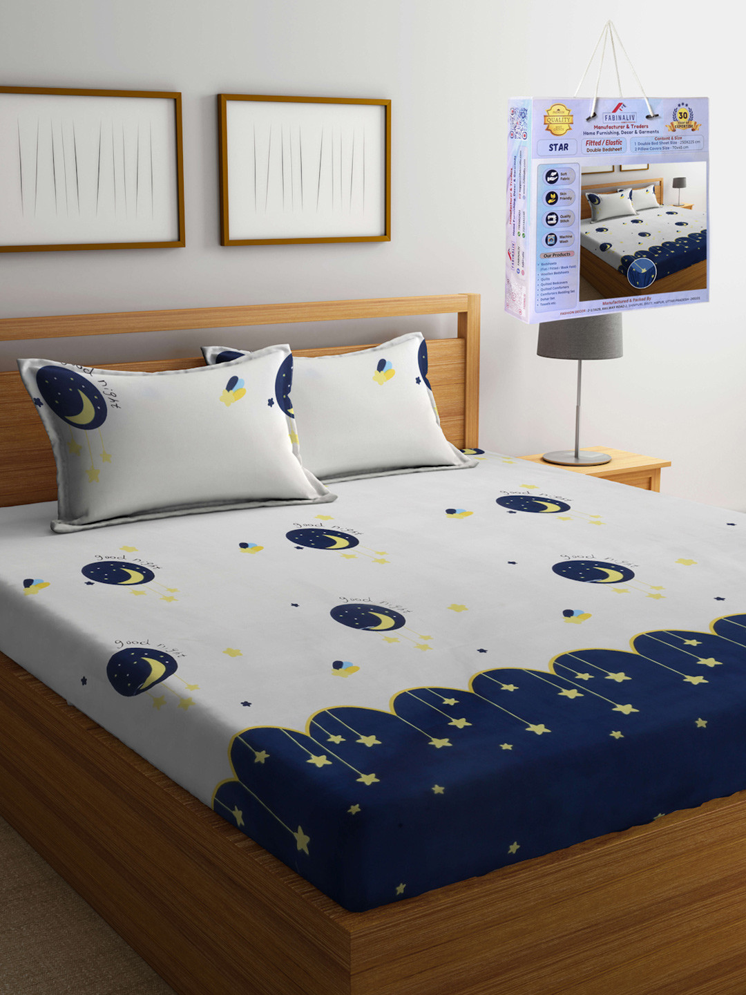 FABINALIV White Cartoon Characters 300 TC Fitted King Bedsheet Set 2.50m X 2.25m