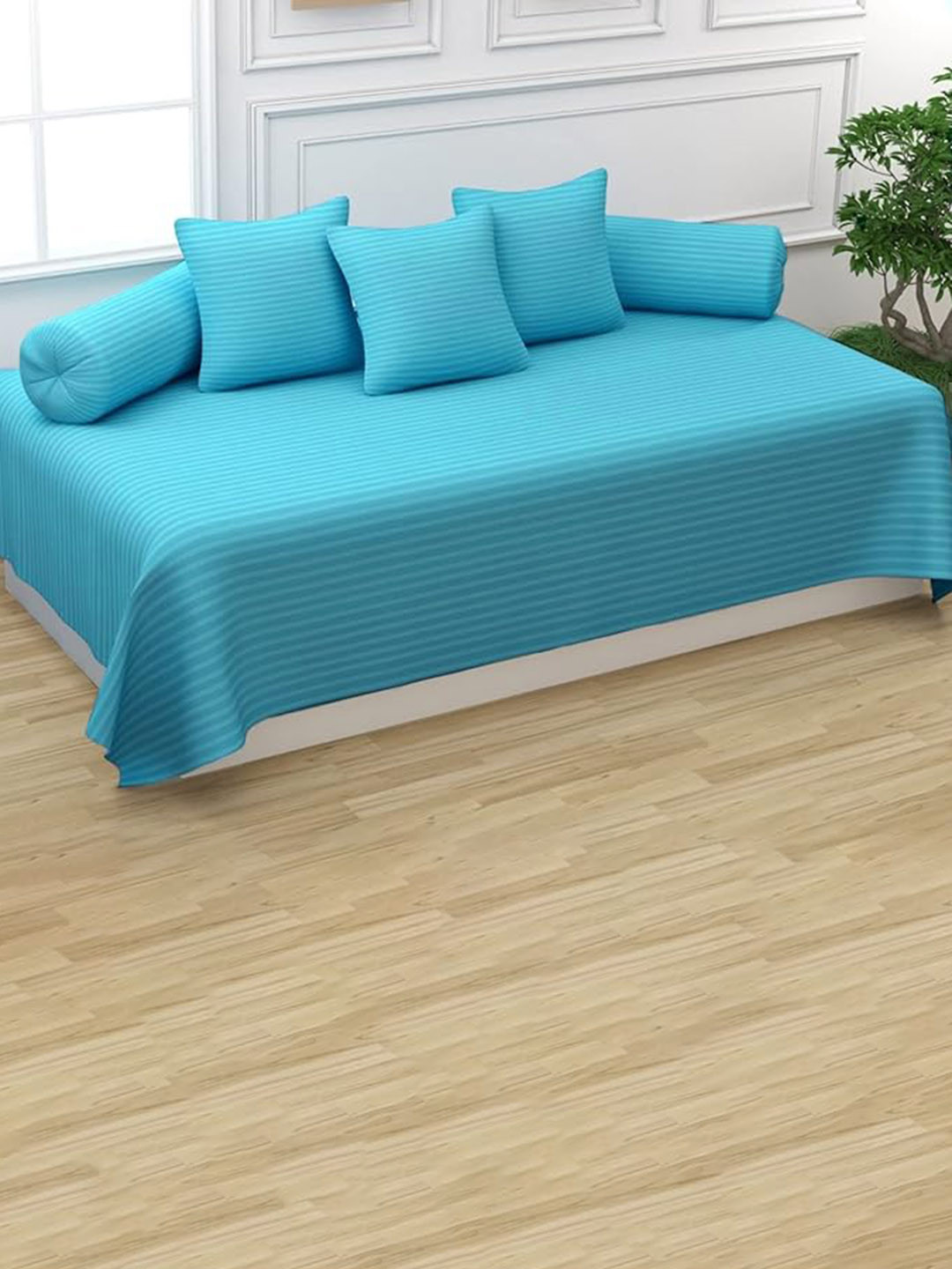 Trance Home Linen 6-Pcs Aqua Blue Striped Cotton Diwan Set