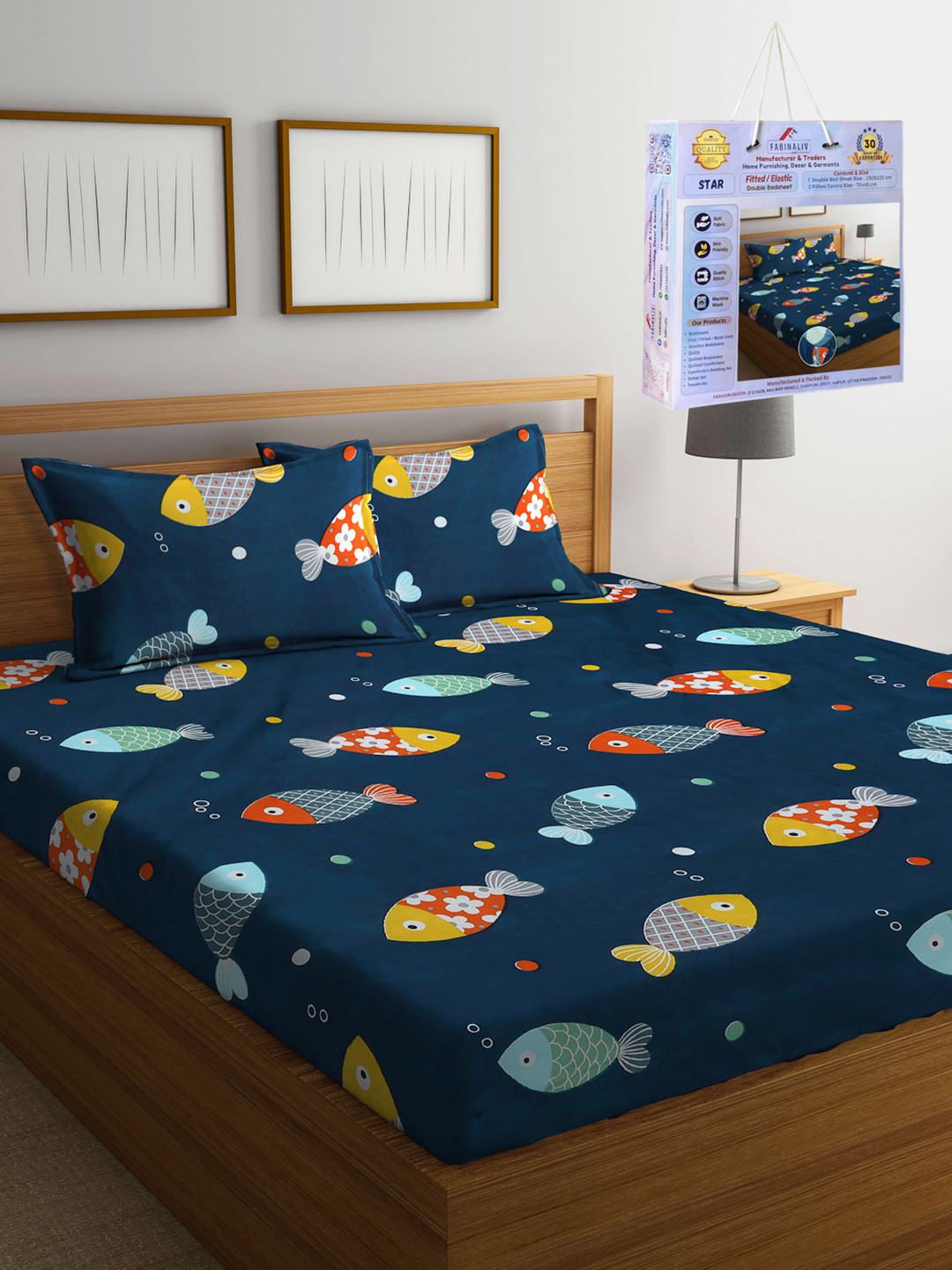 FABINALIV Navy Blue Cartoon Characters 300 TC Fitted King Bedsheet Set 2.50m X 2.25m