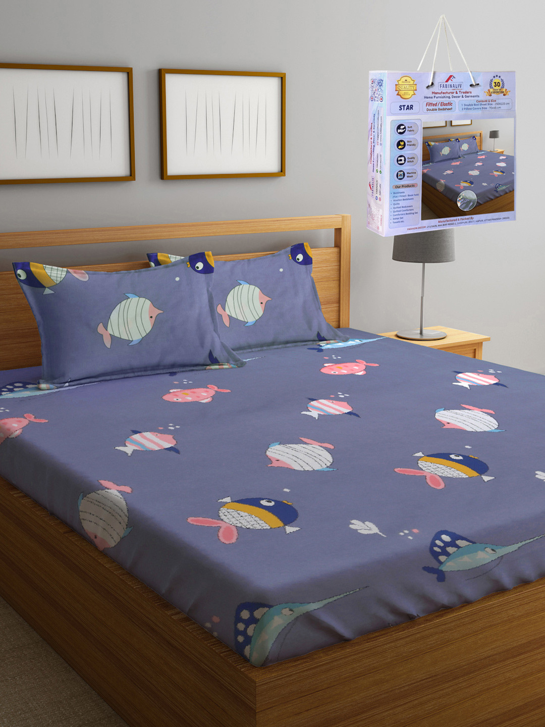 FABINALIV Teal Conversational Polycotton Skin-Friendly 300 TC Fitted King Fine Bedsheet with 2 Pillow Covers-250 x 225 cm