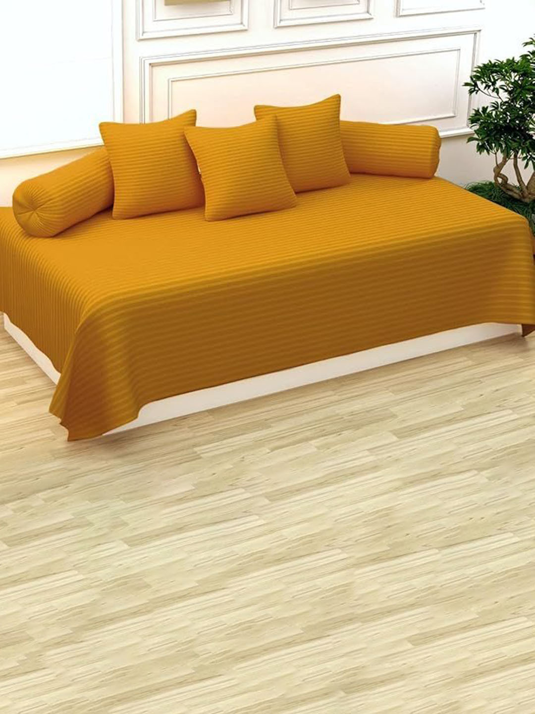 Trance Home Linen 6-Pcs Mustard Yellow Striped Cotton Diwan Set