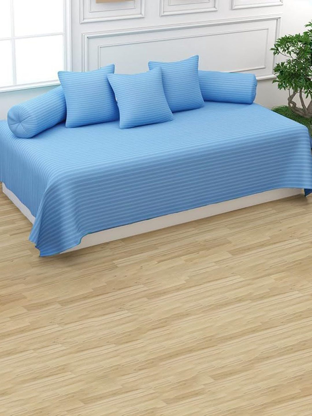 Trance Home Linen 6-Pcs Sky Blue Striped Cotton Diwan Set