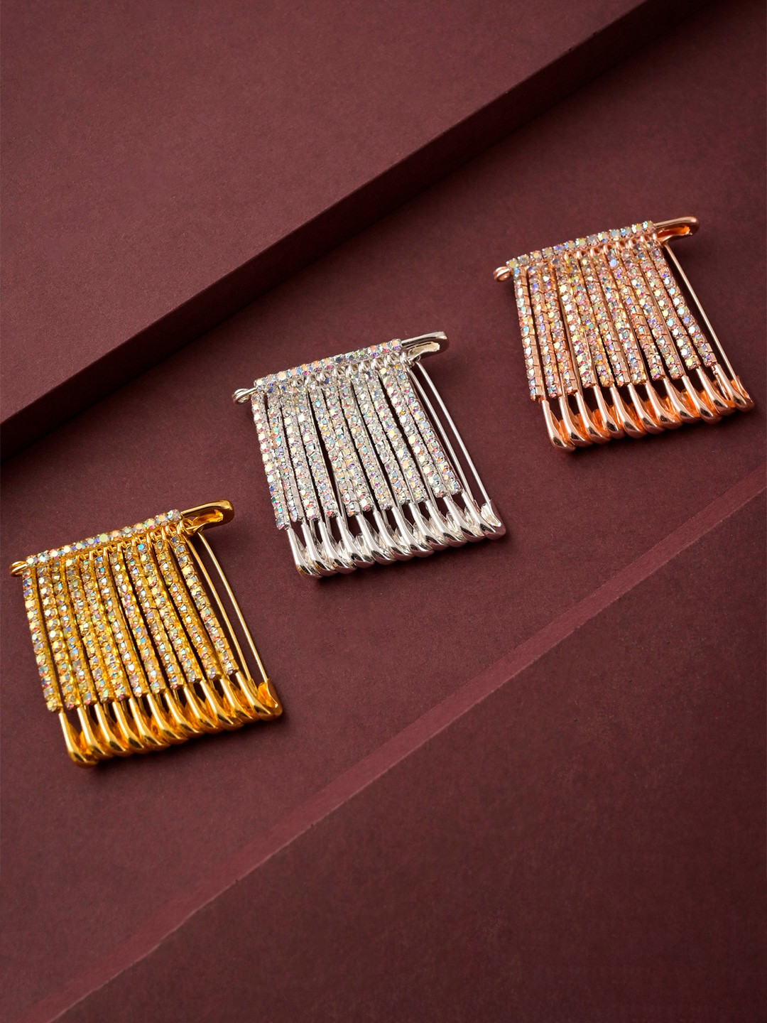 VAMA 36 Pcs Gold Silver & Rosegold Rhinestone Safety Saree Pleats Pin Brooch