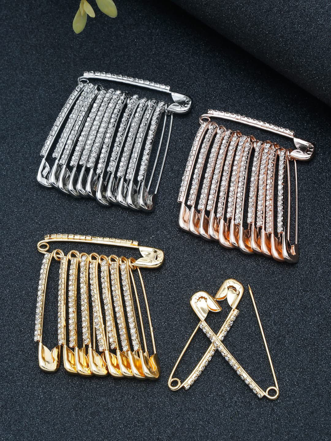 VAMA 36Pcs Gold Silver Rosegold Plated Rhinestone Safety Saree Pleats Pin Brooch