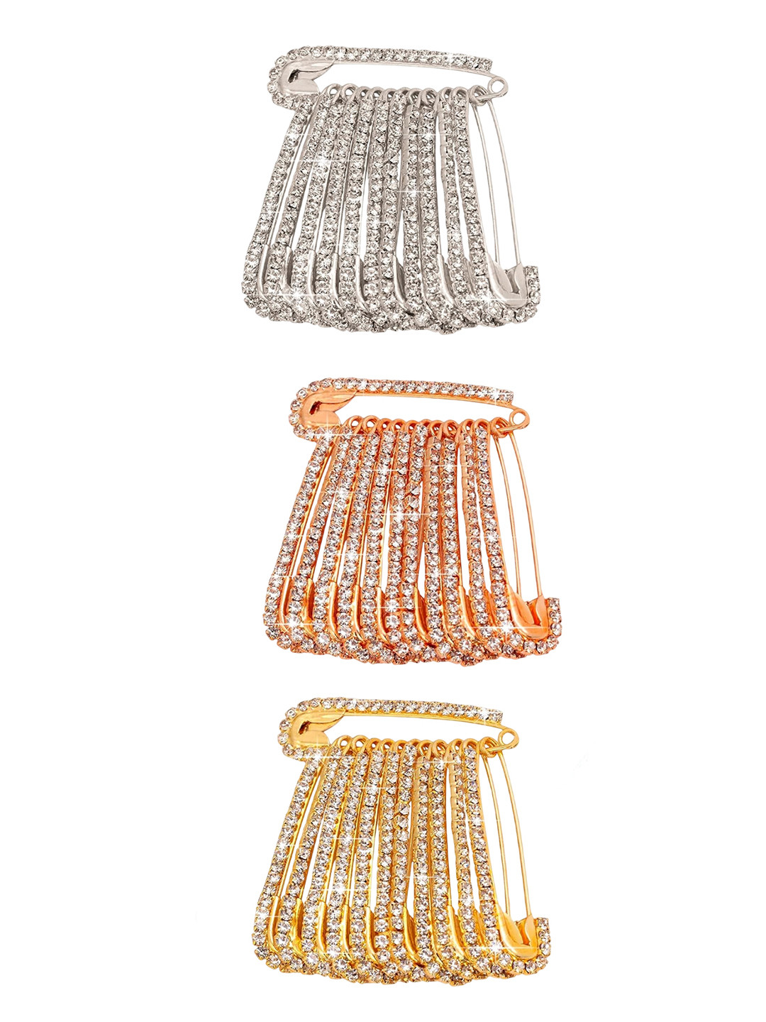 VAMA 36Pcs Gold Silver Rosegold Plated Rhinestone Safety Saree Pleats Pin Brooch