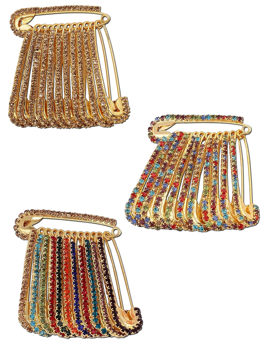 VAMA 36 Pcs Gold Plated Multicolor Rhinestone Safety Saree Pleats Pin Brooch