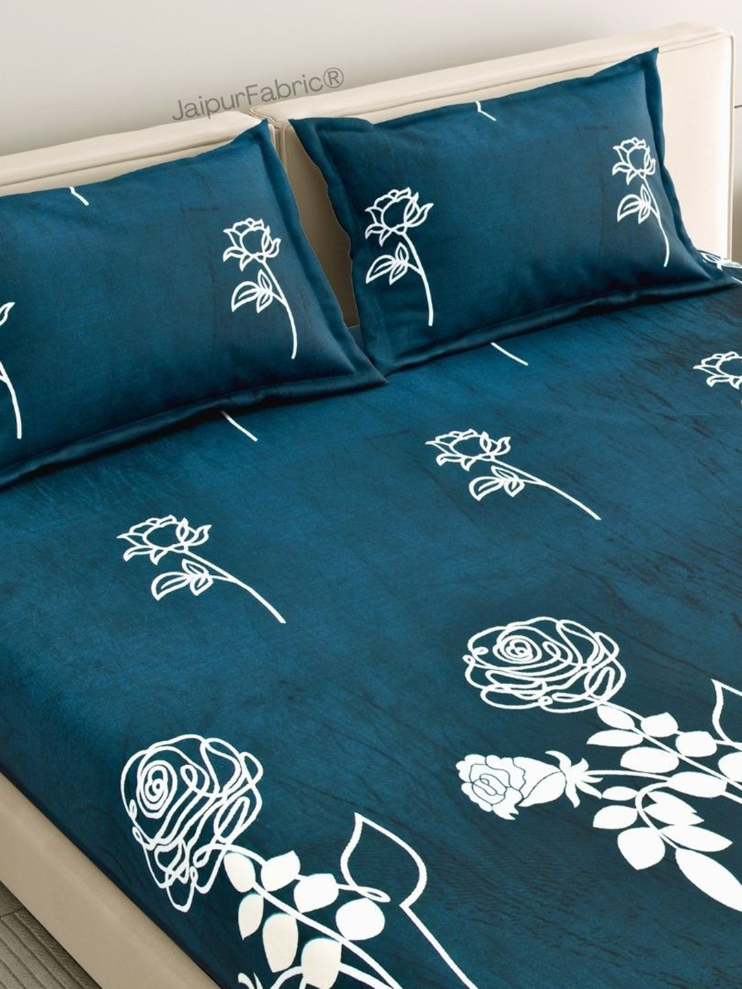 JAIPUR FABRIC Teal & White Floral 300 TC King Bedsheet with 2 Pillow Covers