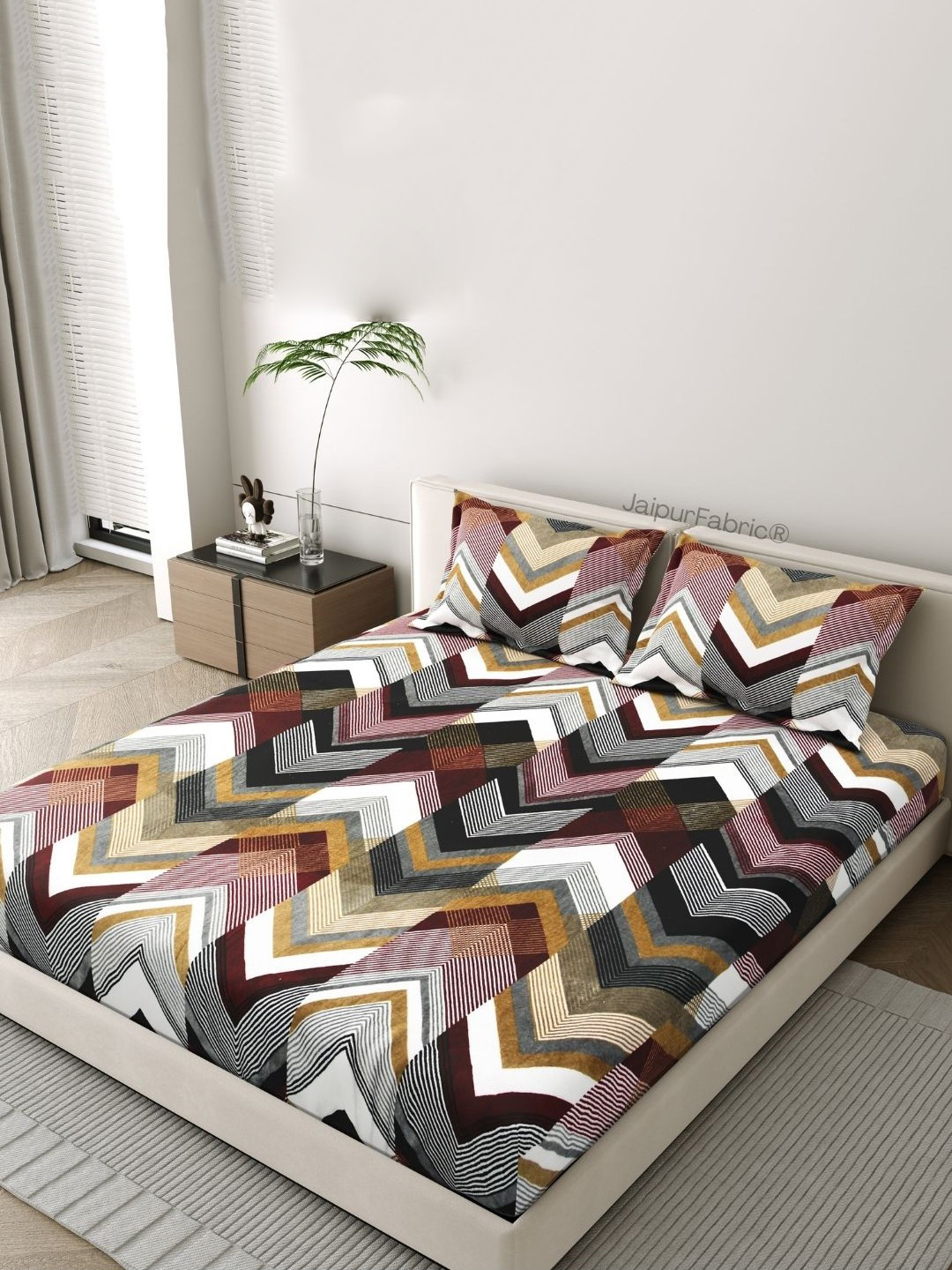 JAIPUR FABRIC Maroon Geometric Wool 300 TC King Fine Bedsheet with 2 Pillow Covers-100 x 100 inches