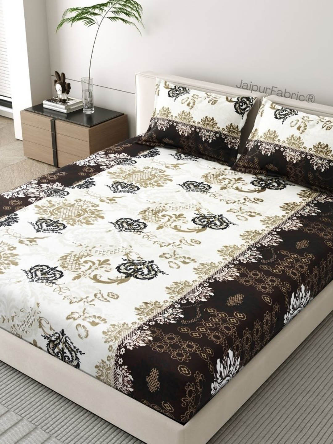 JAIPUR FABRIC Off White Floral 150 TC Woolen King Bedsheet Set-2.54 m x 2.74 m