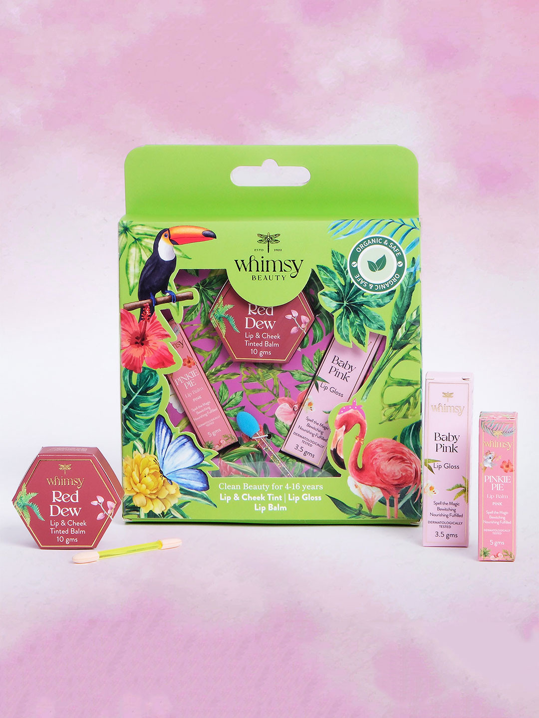 Whimsy Beauty Set Of 3 Lip Balm With Lip Gloss & Lip Cheek Tint Mini Garden Beauty Kit