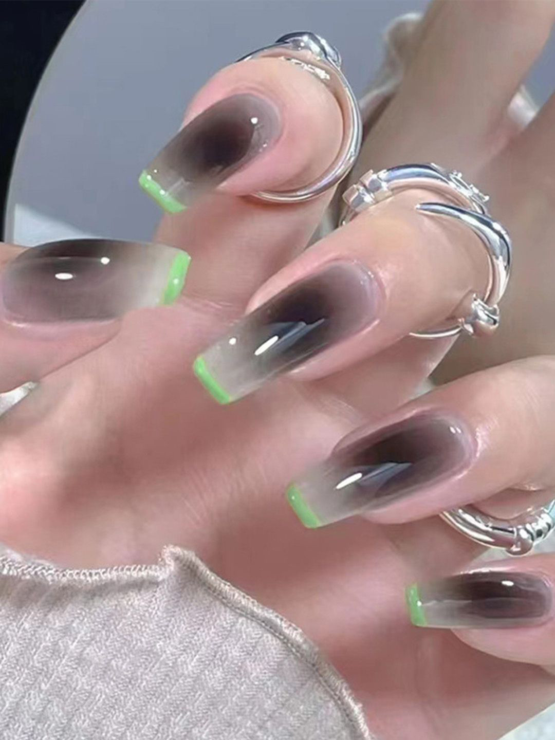 Secret Lives Set Of 24 Glossy Coffin Shape Nail Art- Translucent Black & Green