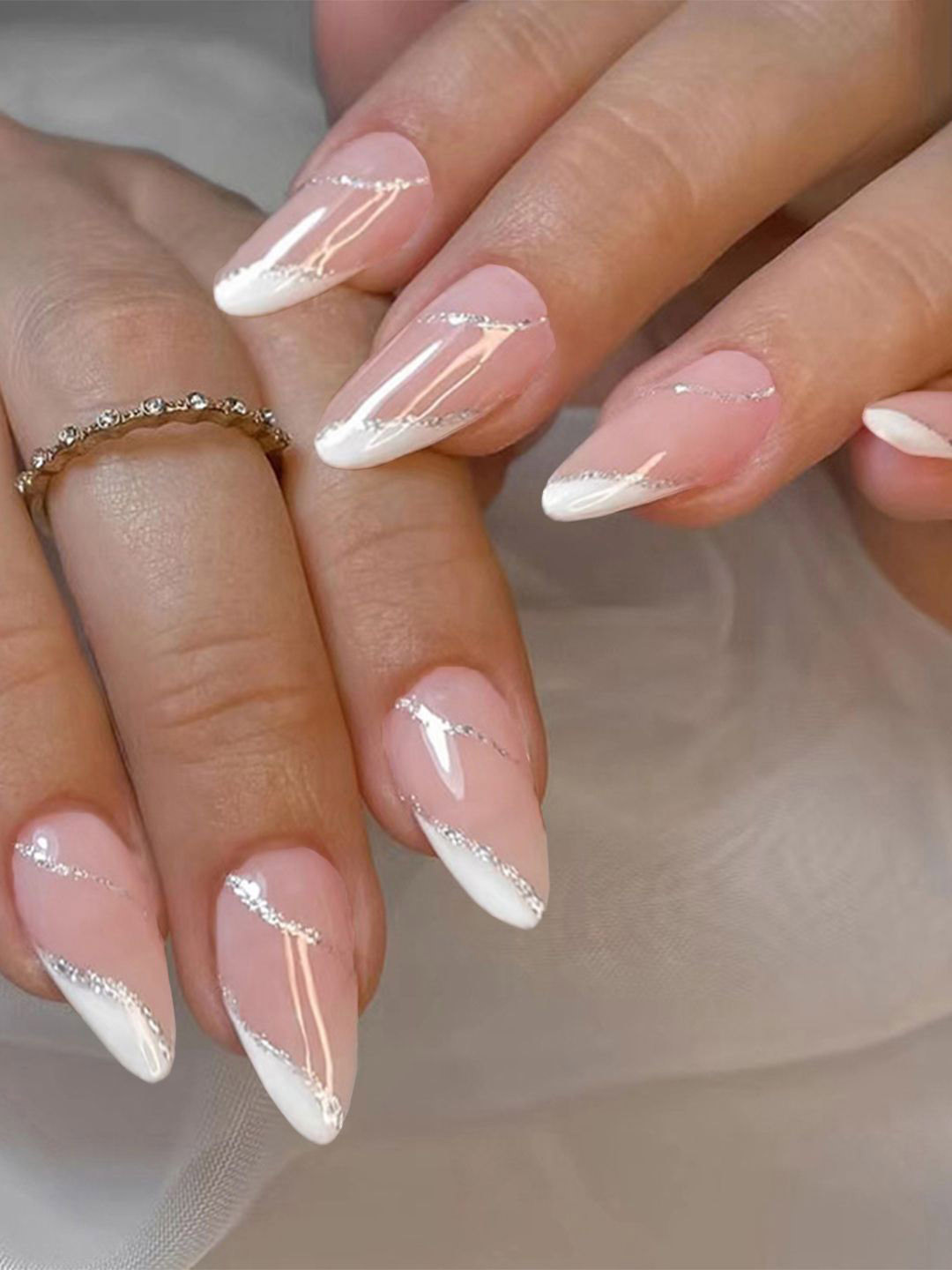 Secret Lives Set Of 24 Glossy With Tip & Glitter Strips Design Nail Art - Light Pink