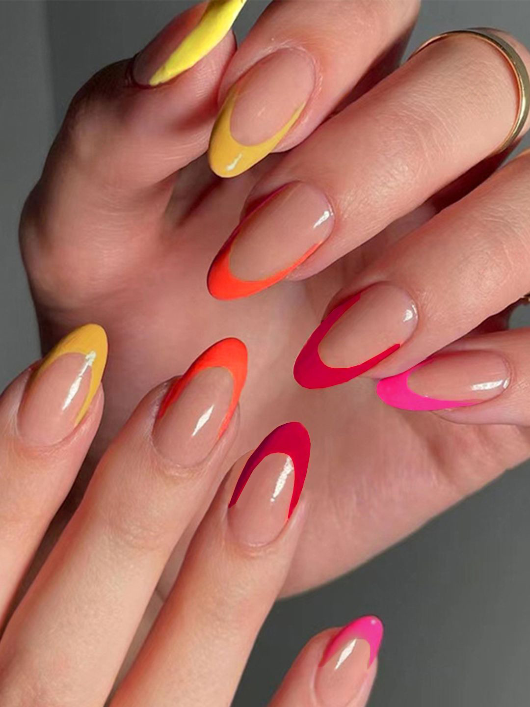 Secret Lives Set Of 24 Glossy Almond Shape Nail Art- Translucent Red Pink Orange yellow