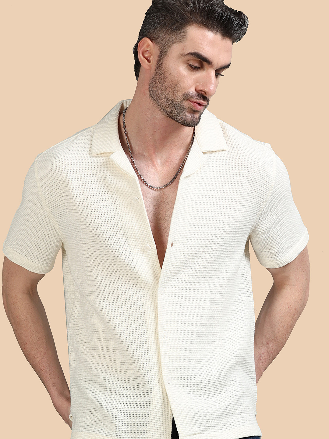 Men Relaxed Fit Half Sleeve Wrinkle-Resistant Crochet Cuban Collar Shirt