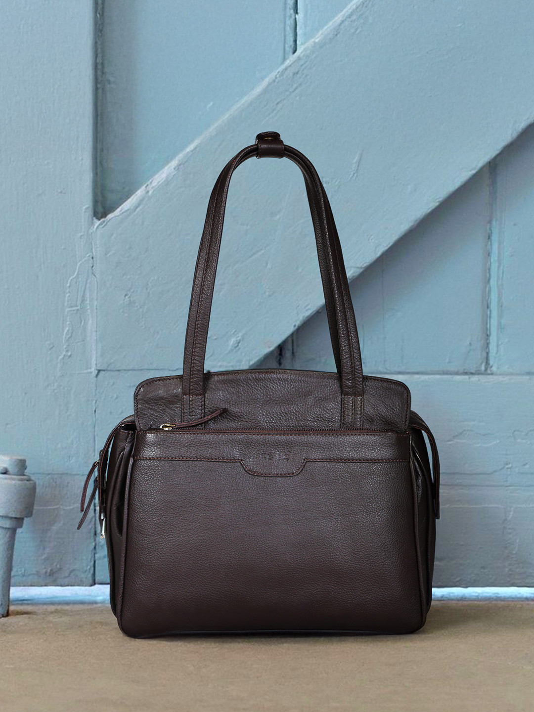 Celtic Unisex Brown Textured Leather Structured Tote Bag with Tablet Sleeve