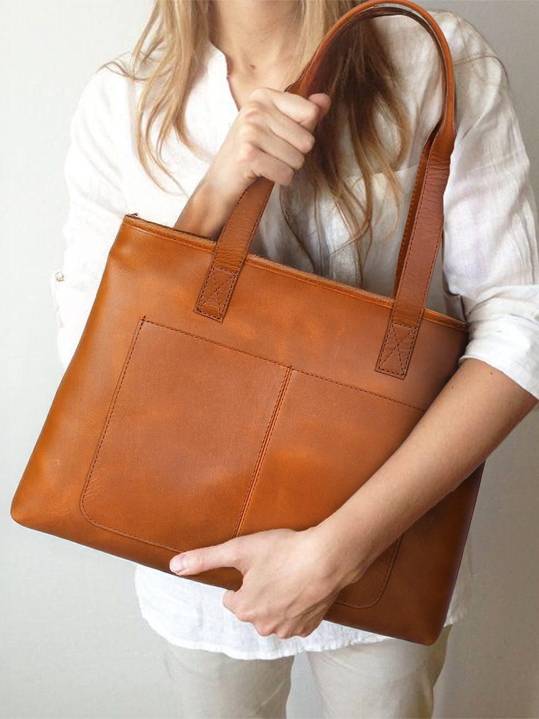 Celtic Tan Leather Shopper Tote Bag with Tablet Sleeve