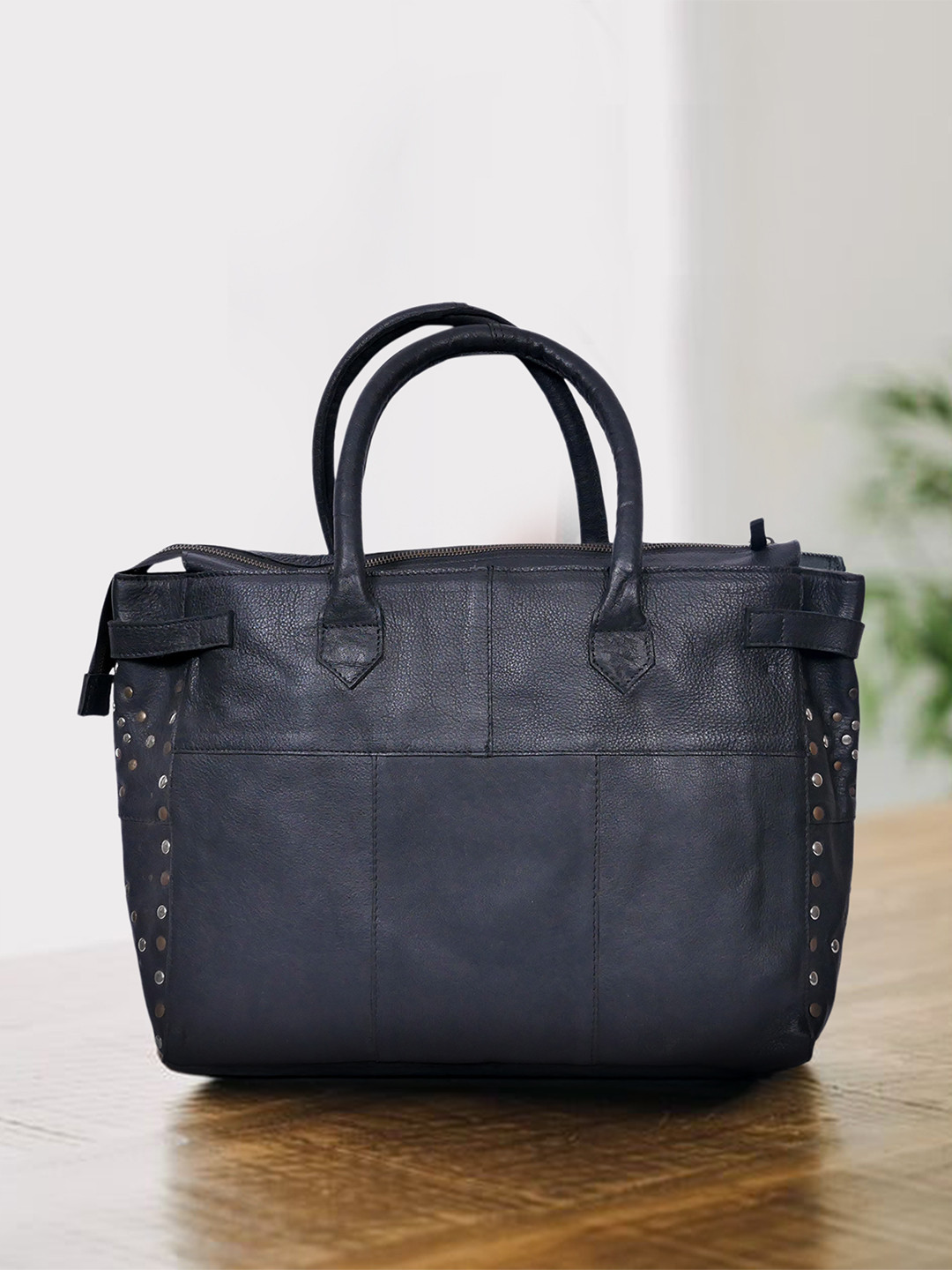 Celtic Black Textured Leather Shopper Tote Bag with Tablet Sleeve