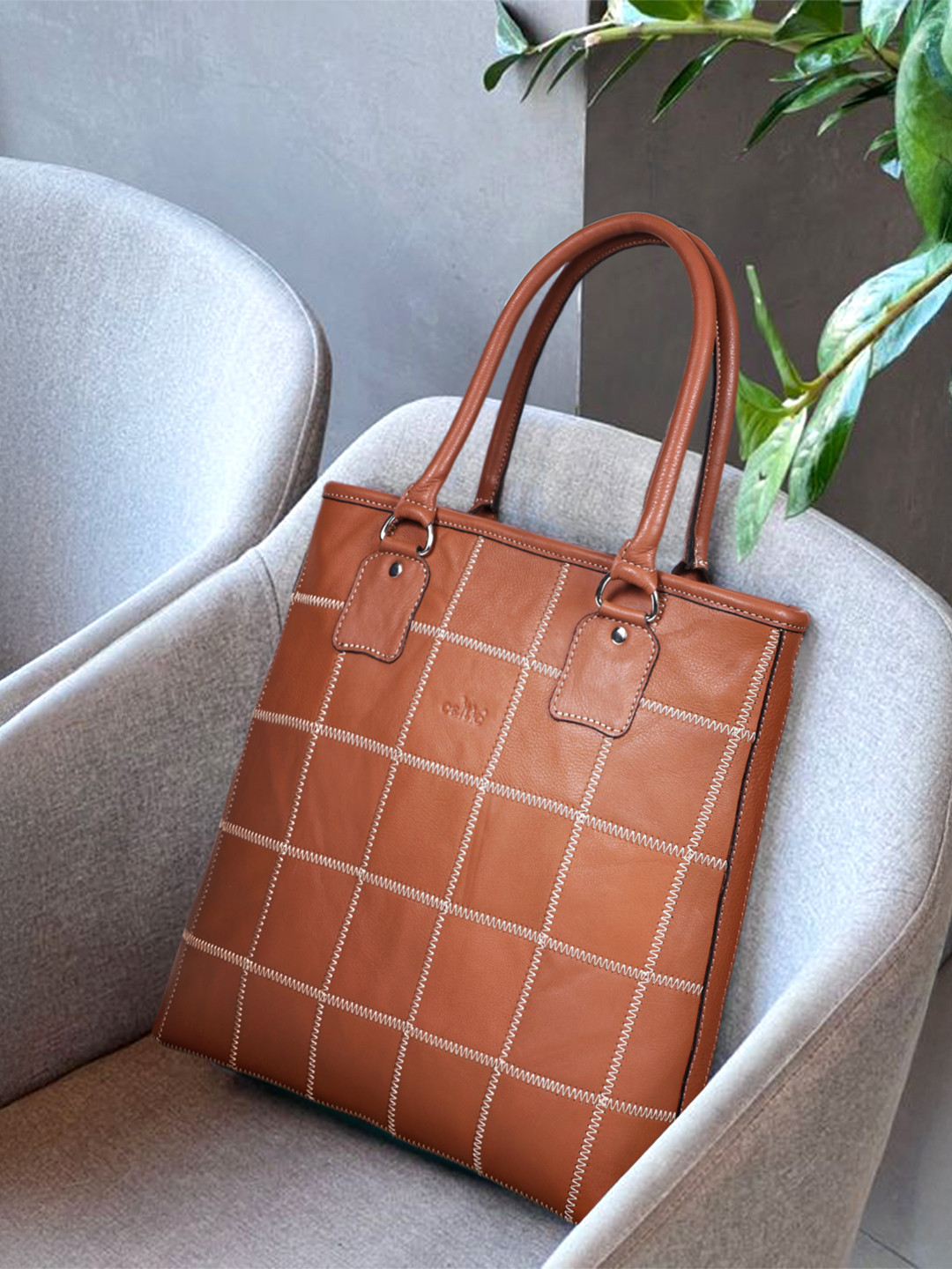 Celtic Tan Checked Leather Shopper Tote Bag