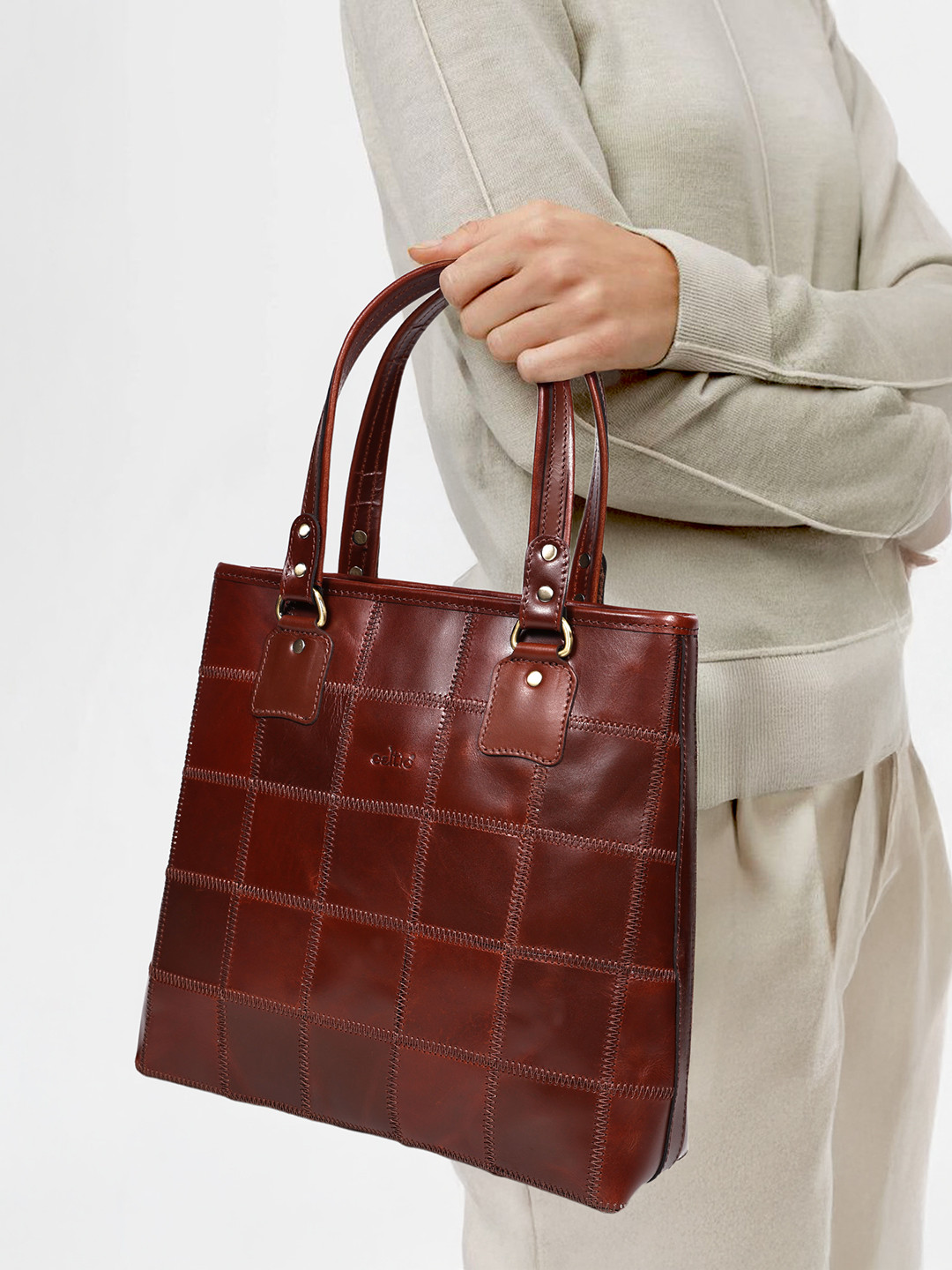 Celtic Checked Leather Shopper Tote Bag with