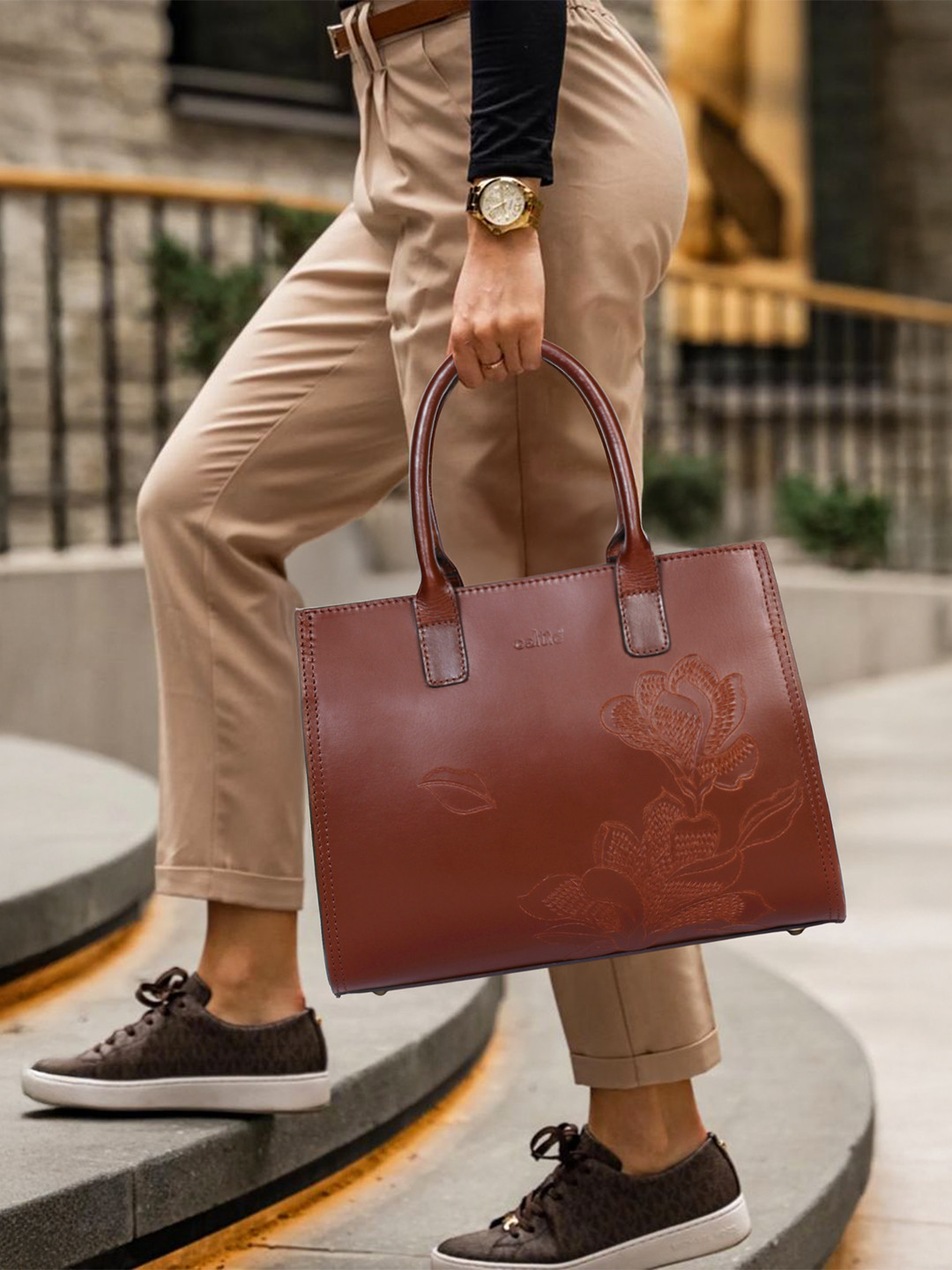 Celtic Tan Embellished Leather Structured Tote Bag with Tablet Sleeve