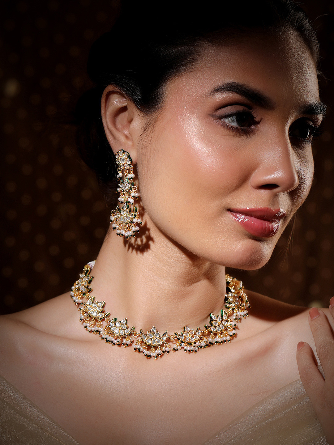 Rubans 22K Gold-Plated Kundan Studed Green Border, Pearl Beaded Crescent Moon Necklace Set