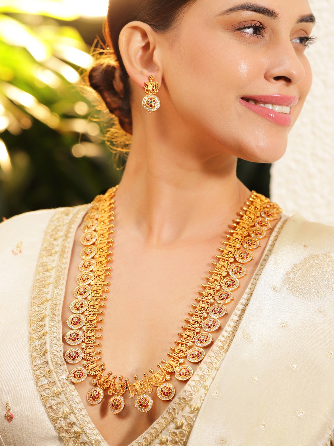 Rubans 22K Gold-Plated Traditional Temple NecklaceSet with Ruby,Emerald & Zicronia Accents