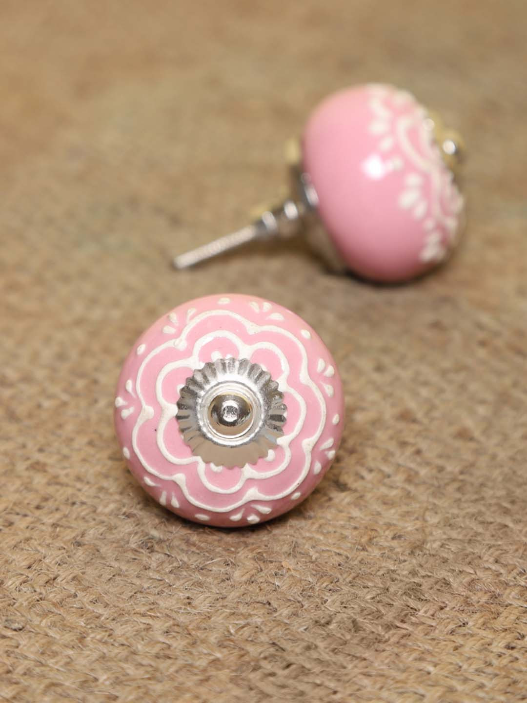 MODEFE Pink & White 6 Pieces Printed Ceramic Door Knobs