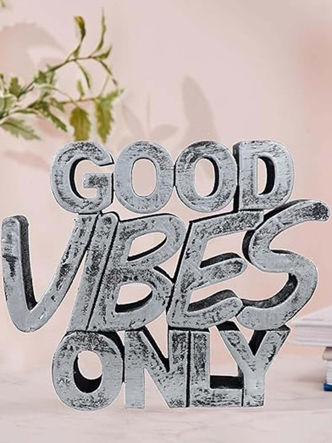 Zart Good Vibes only Silver Polyresin Matte Living Room Medium Showpiece - 5.2 Inches