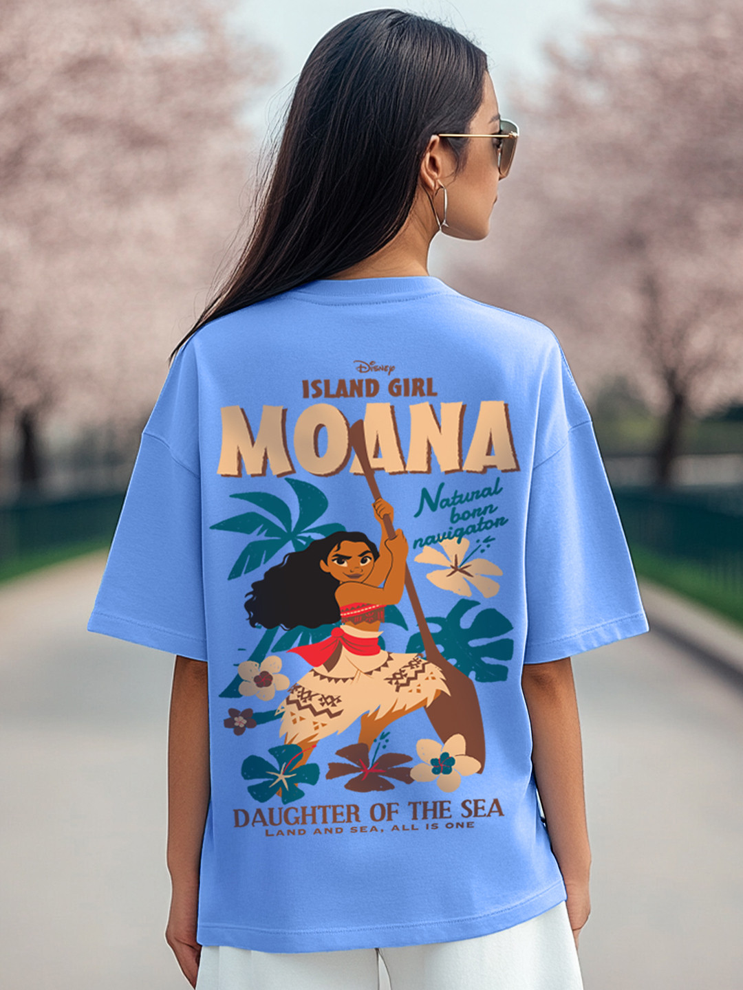 JUNEBERRY Women Disney Moana Blue Printed Relaxed Fit Pure Cotton Oversized T-shirt