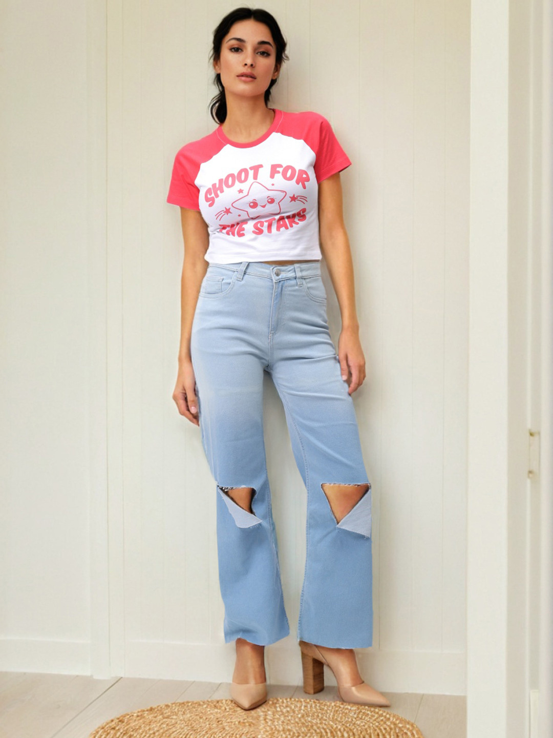 Freehand by The Indian Garage Co Women Typography Printed Applique Slim Fit T-shirt