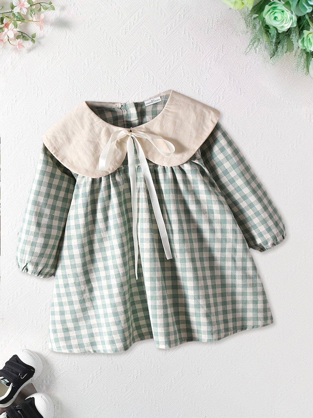 FOREVER FRIDAY Girls Checked Peter Pan Collar Cotton A-Line Dress