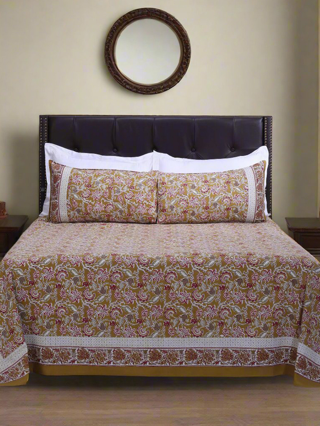 SHAHENAZ Maurya Jaal Olive Floral Cotton 180 TC Queen Bedsheet with 2 Pillow Covers-106 x 89 inches