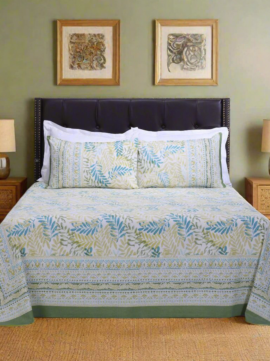 SHAHENAZ French Leaves Olive Floral Cotton 180 TC Queen Bedsheet with 2 Pillow Covers-106 x 89 inches
