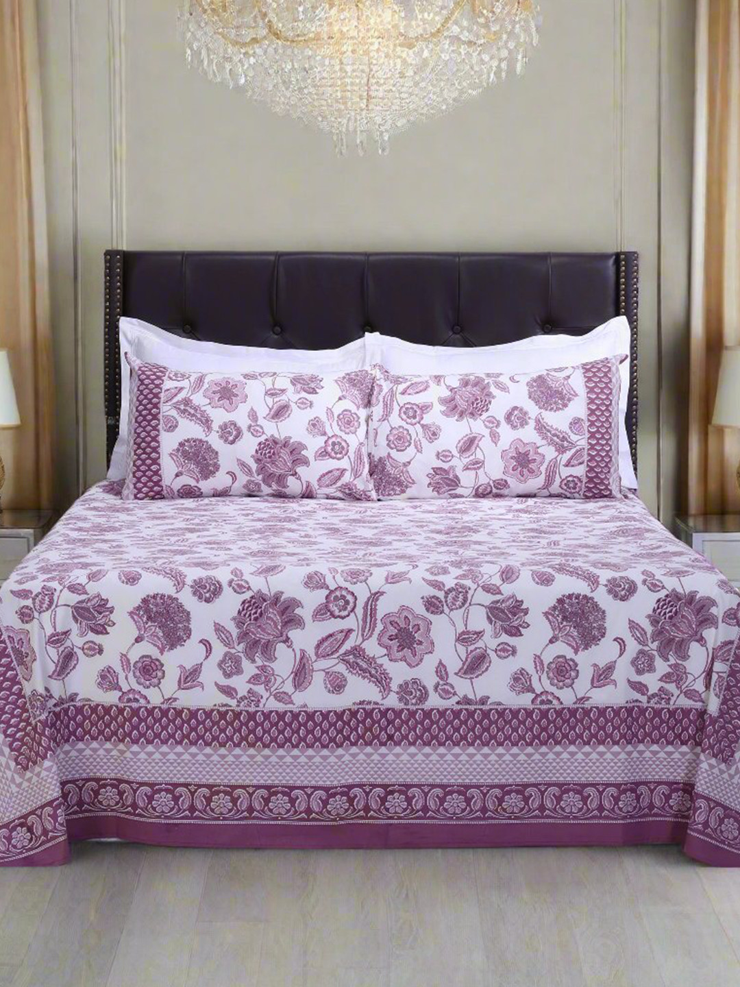 SHAHENAZ Malaga Chintz Purple Floral Cotton 180 TC Queen Bedsheet with 2 Pillow Covers-106 x 89 inches