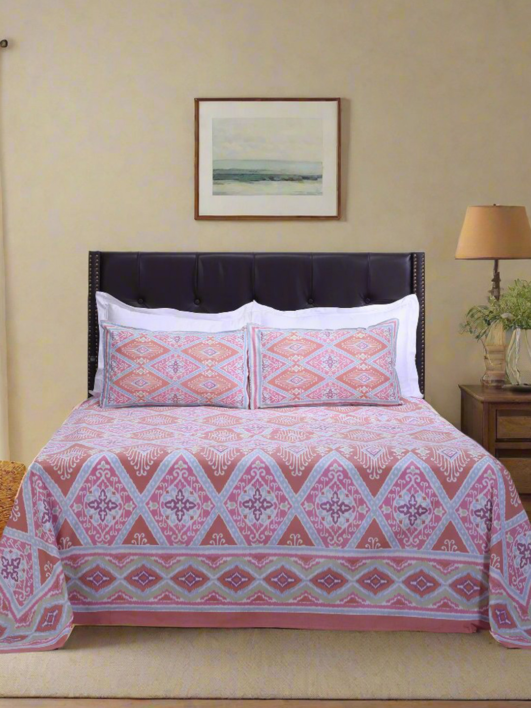 SHAHENAZ Ikat Paan Rust Floral Cotton 180 TC King Bedsheet with 2 Pillow Covers-20 x 28 inches