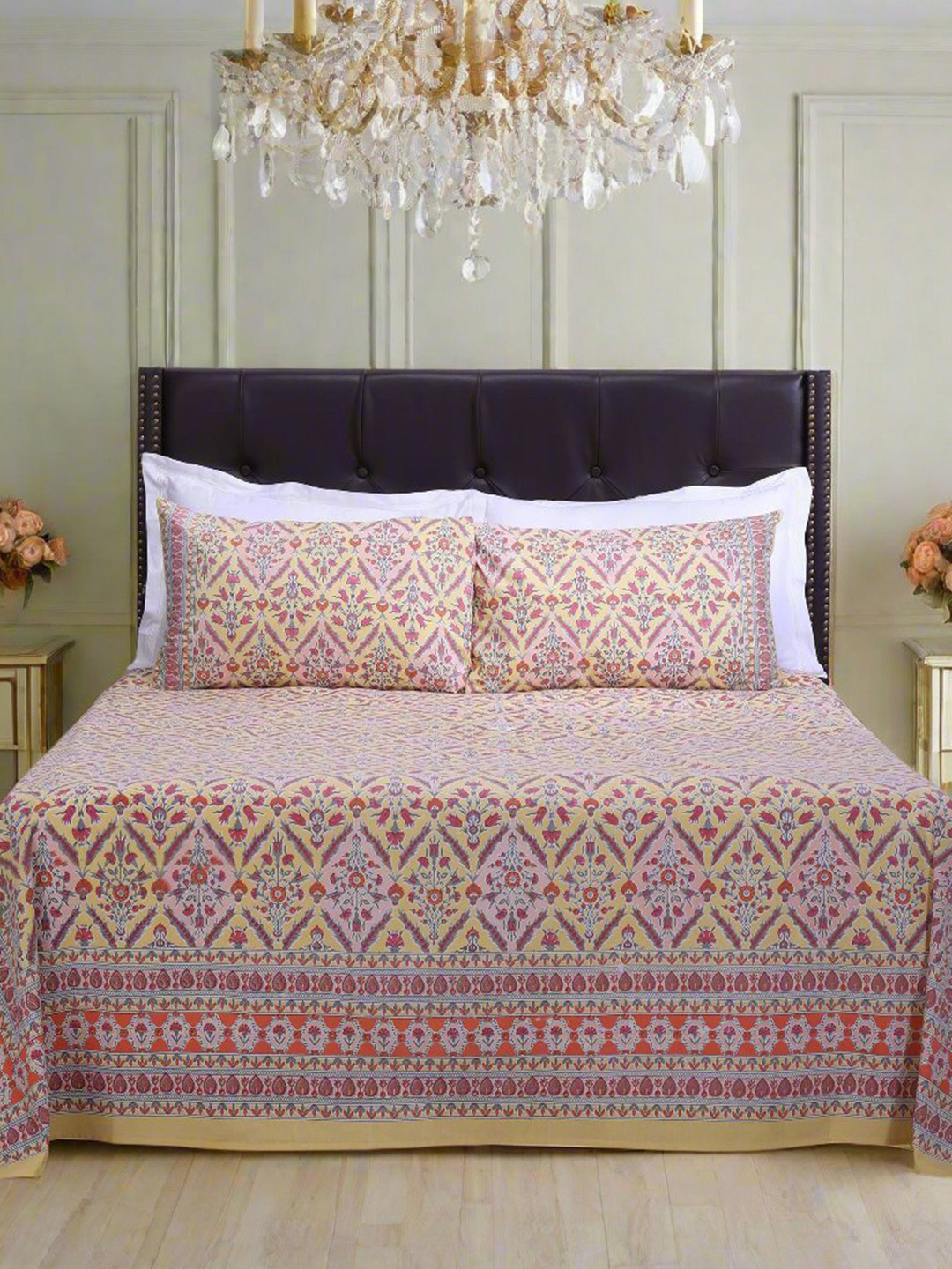 SHAHENAZ Kalindi Jaal Mustard Floral Cotton 180 TC Queen Bedsheet with 2 Pillow Covers-106 x 89 inches