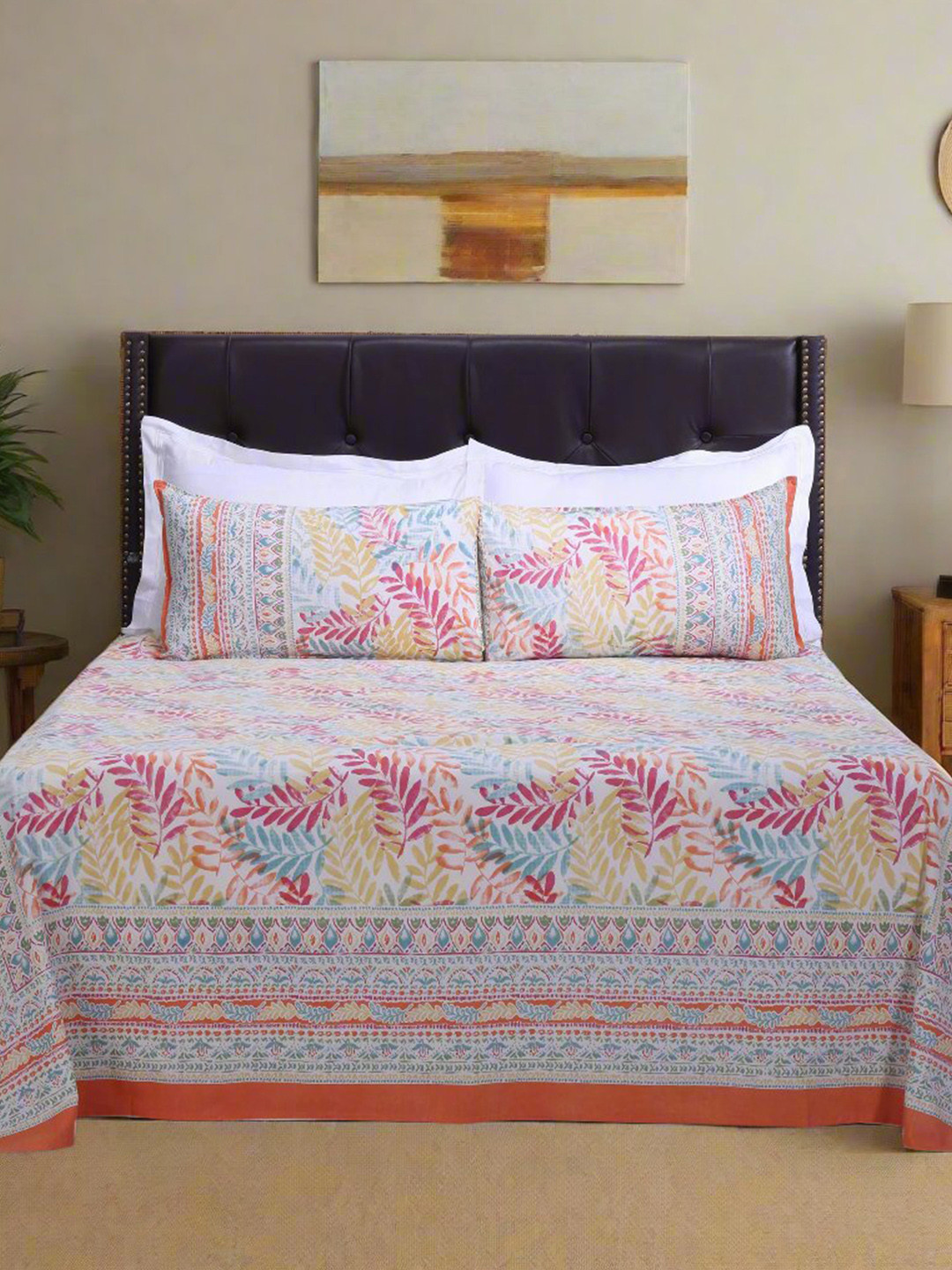 SHAHENAZ French Leaves Orange Leaf Cotton 180 TC Queen Bedsheet with 2 Pillow Covers-106 x 89 inches