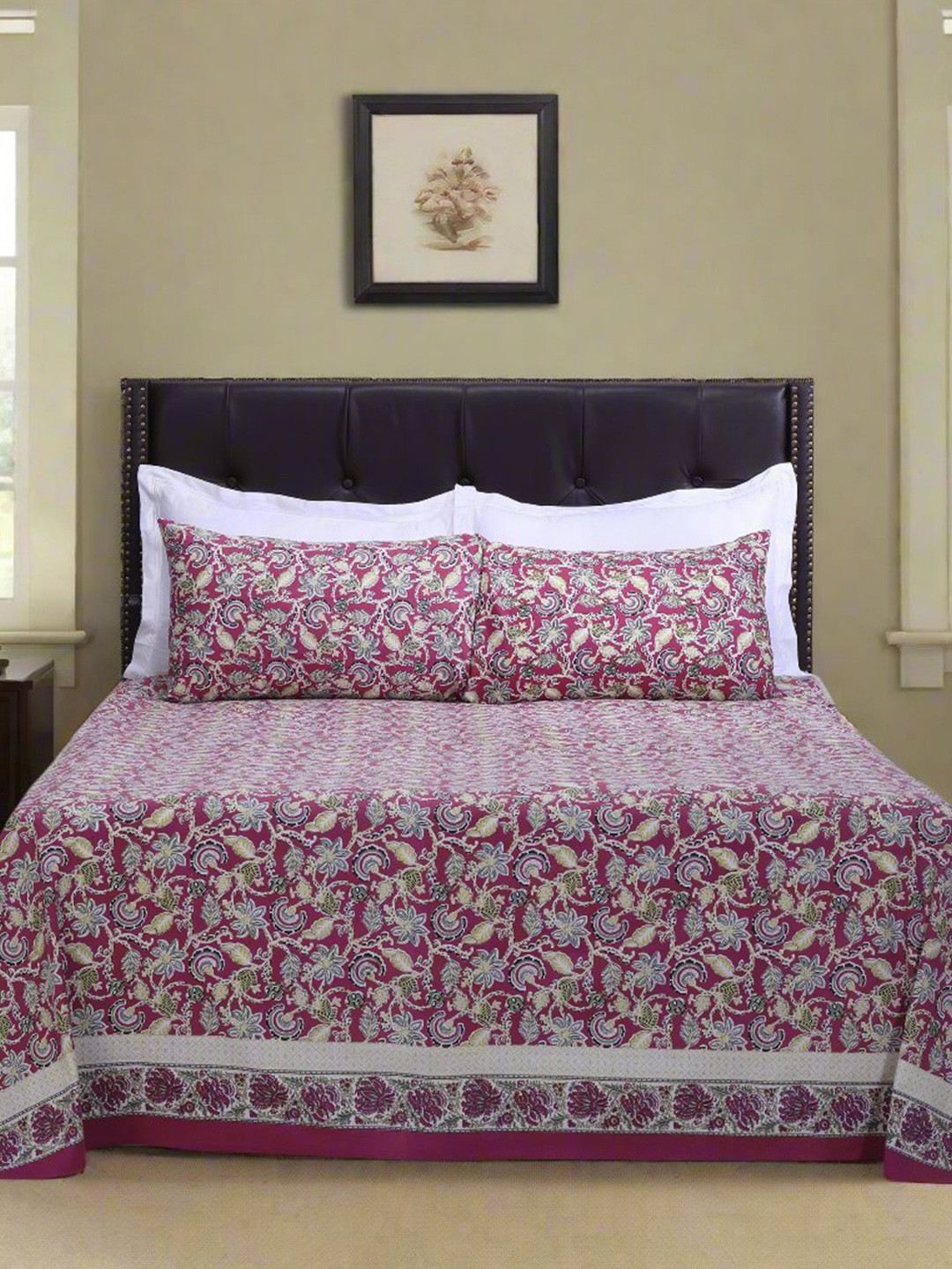 SHAHENAZ Maurya Jaal Pink Floral Cotton 180 TC Queen Bedsheet with 2 Pillow Covers-90 x 108 inches