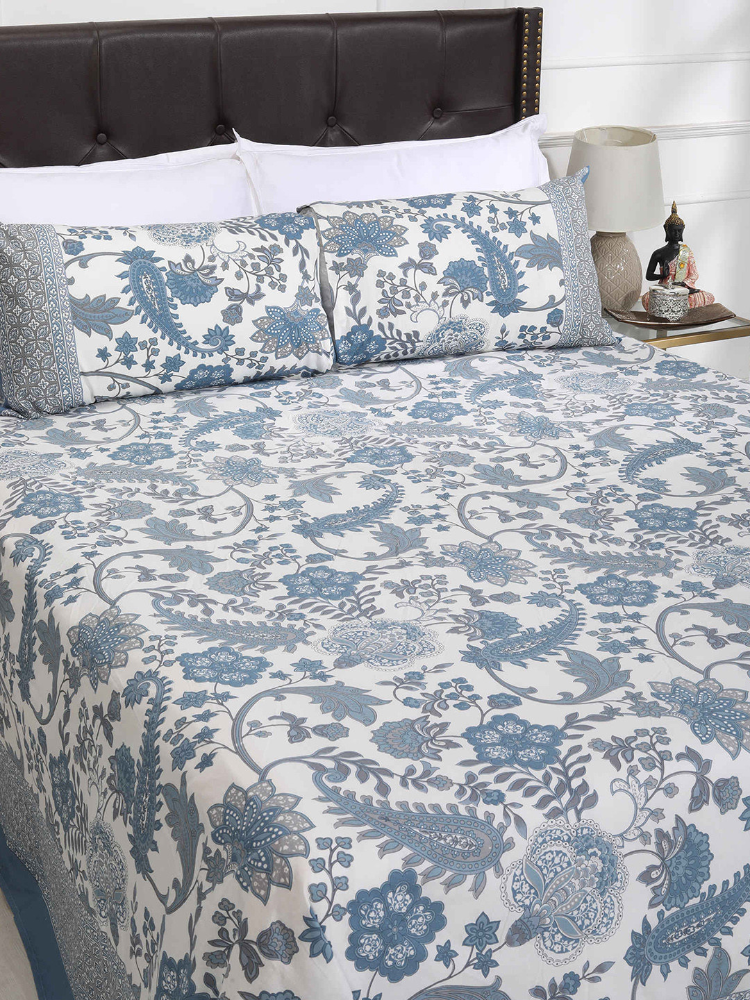 SHAHENAZ Blue Floral Cotton 180 TC King Bedsheet with 2 Pillow Covers-50 x 70 cm